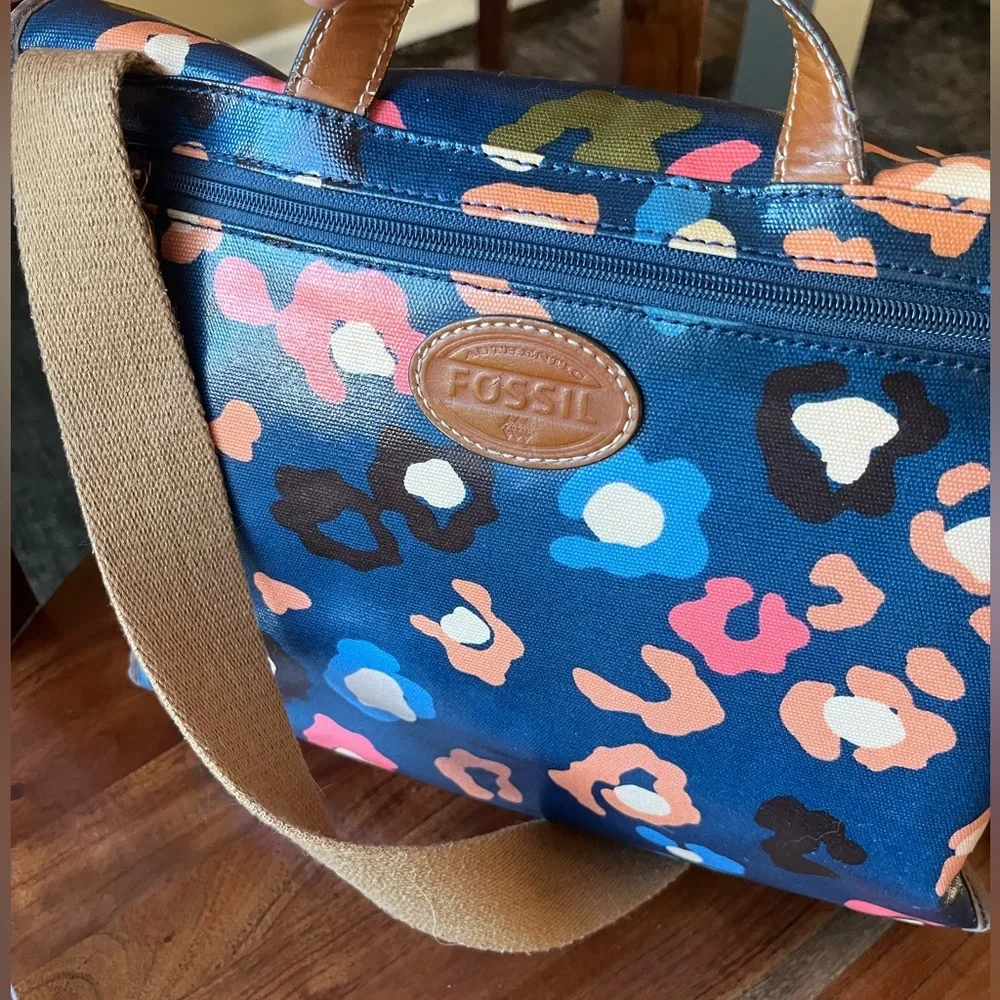 Fossil Navy Blue Floral Print Coated Canvas Crossbody Laptop Tote Bag